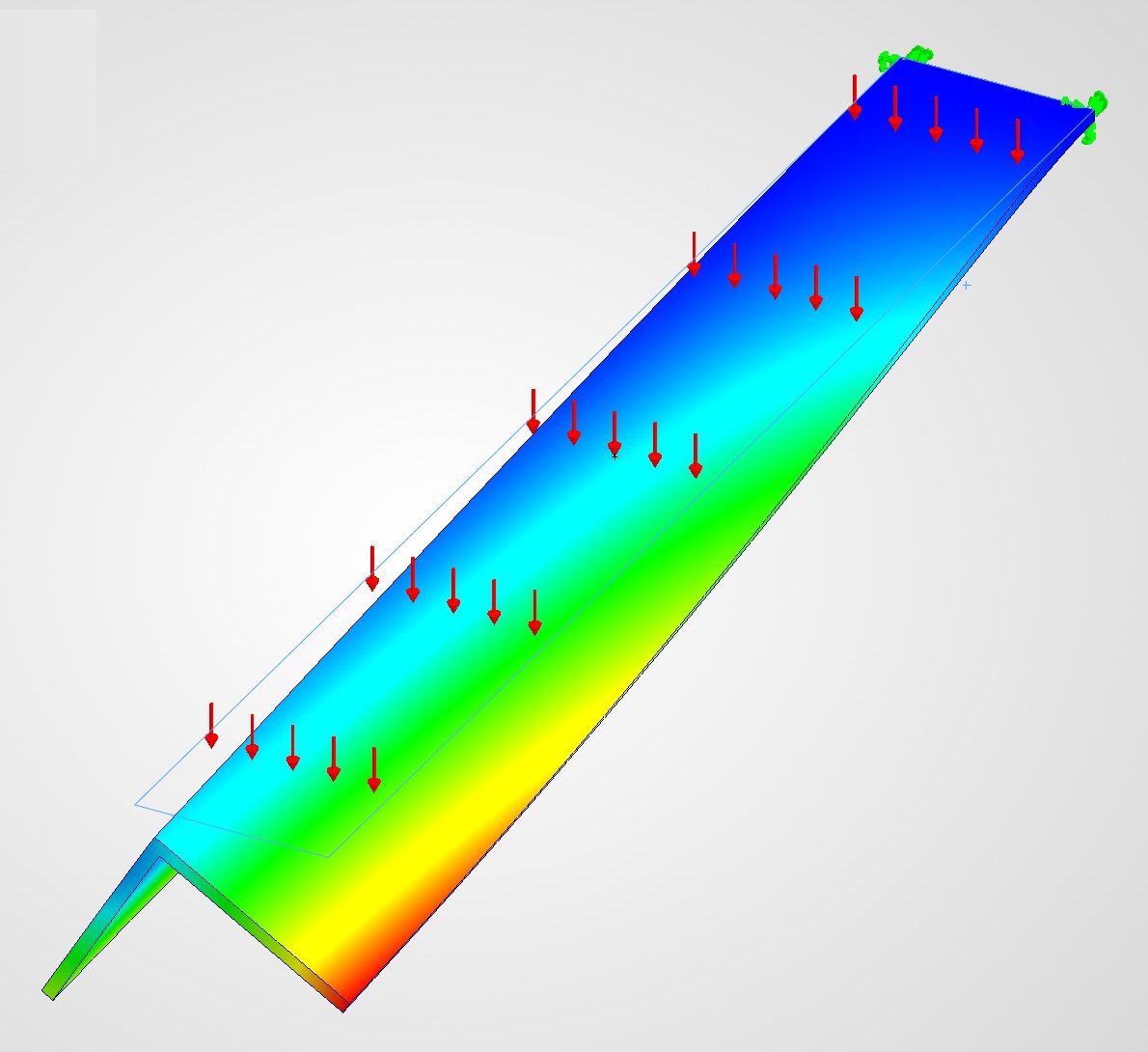 Finite element model of a steel angle arm under load, coloured by displacement, showing the toe of the bearing leg dropping as the open section twists