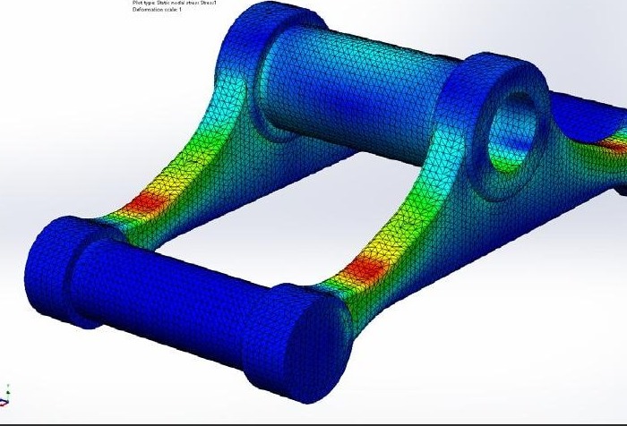 Finite element stress result on a welded steel link, coloured by von Mises stress