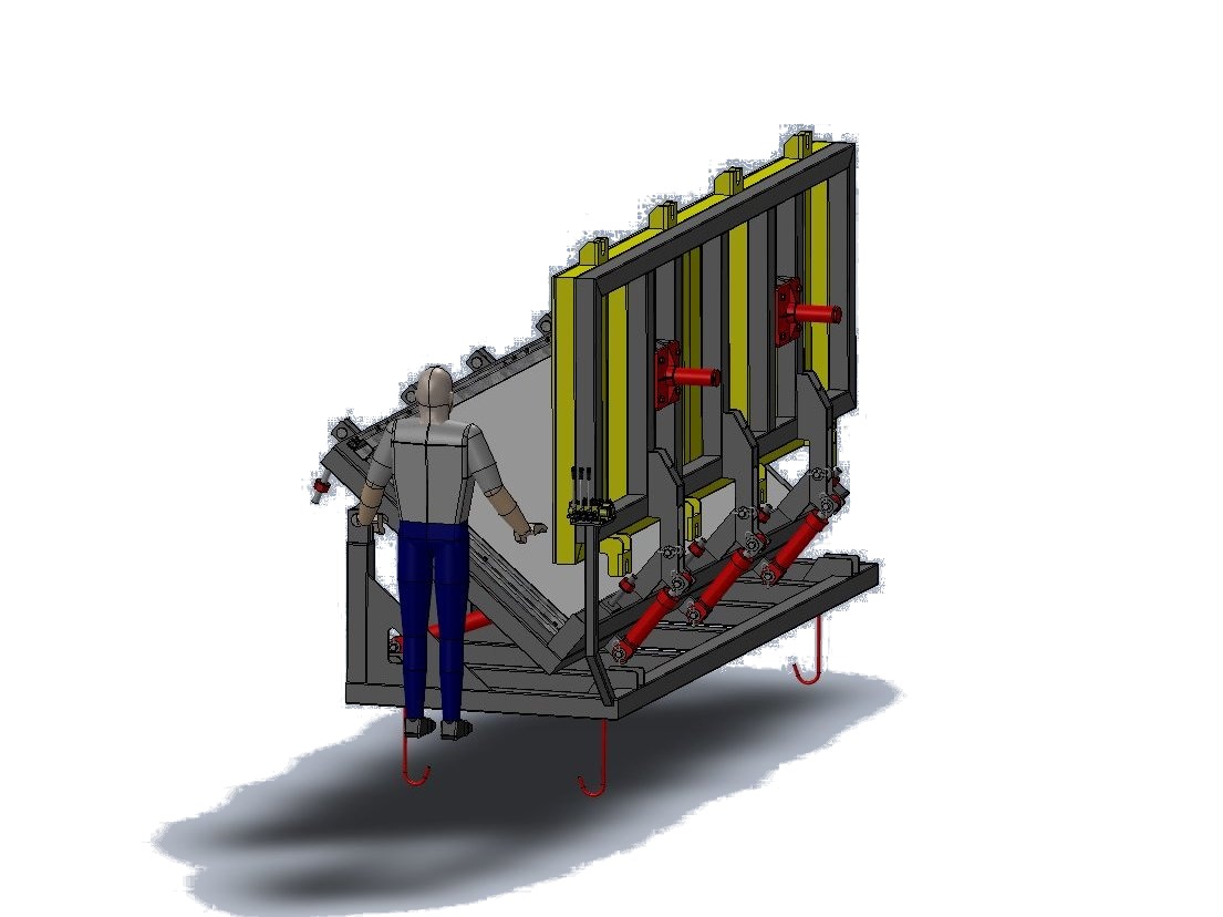 Machine assembly modelled with guarding and hydraulic cylinders, a figure shown for scale