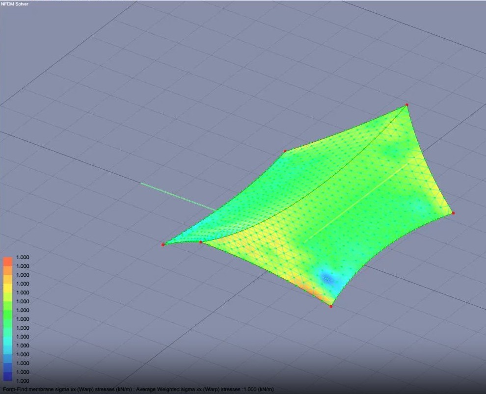 Form-finding result for a four-point tensile membrane, the mesh coloured by warp stress