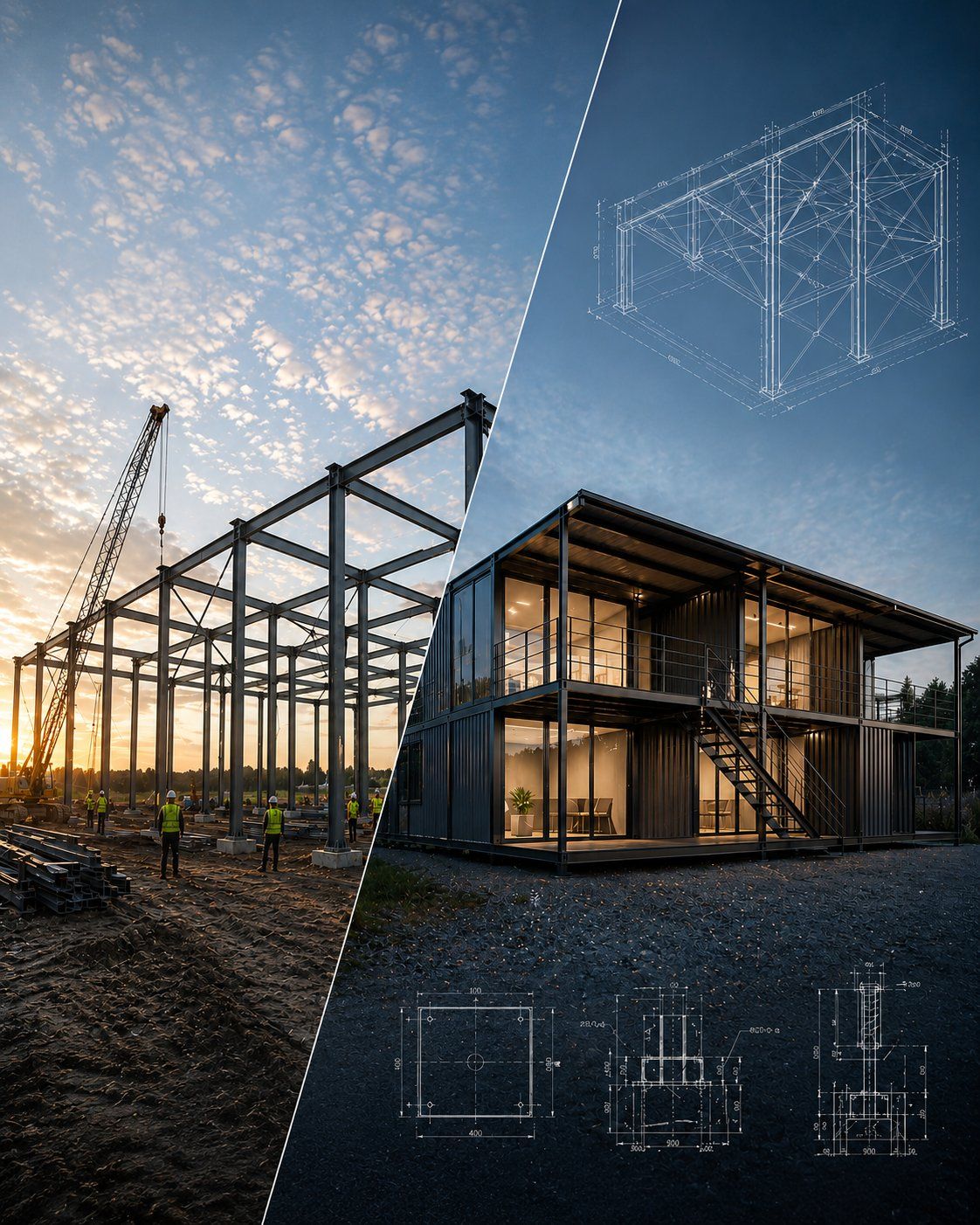 Senger Engineering, steel structure under construction with blueprint overlay