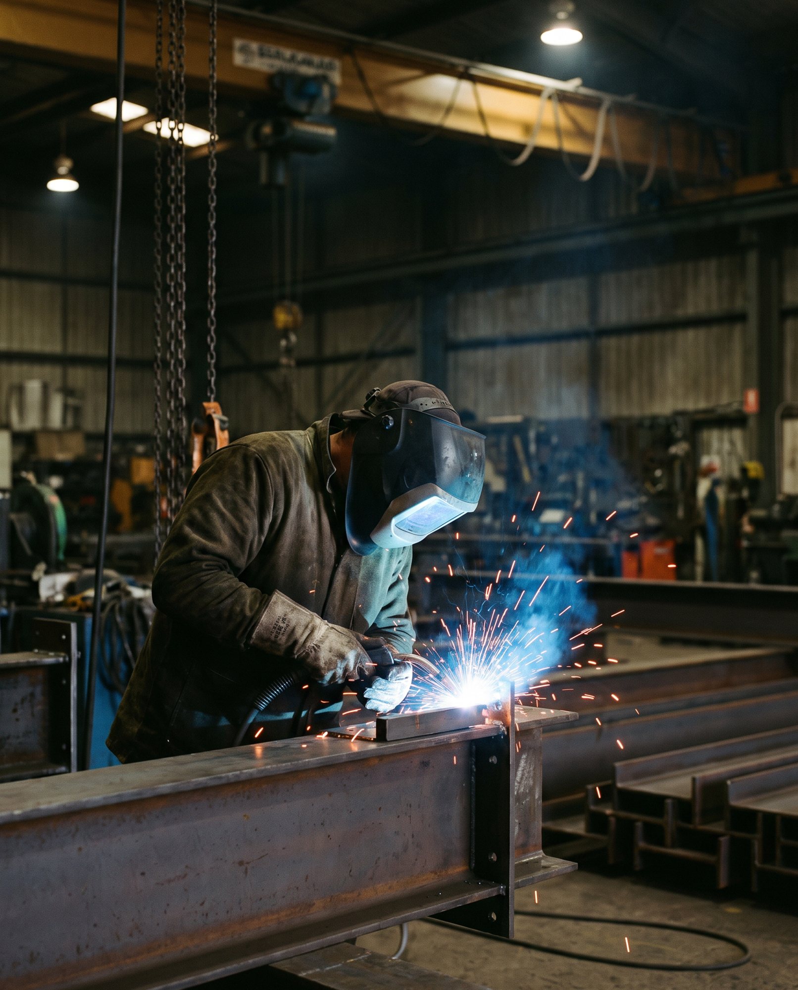 Welder fabricating a structural steel beam in the workshop