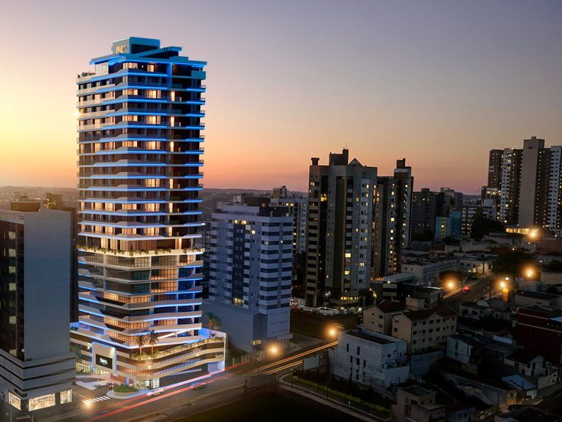 Gym with sunset city view, amenity render