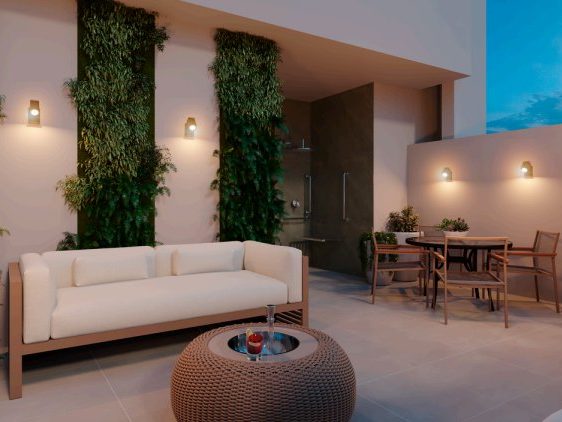 Outdoor patio with sofas, twilight render